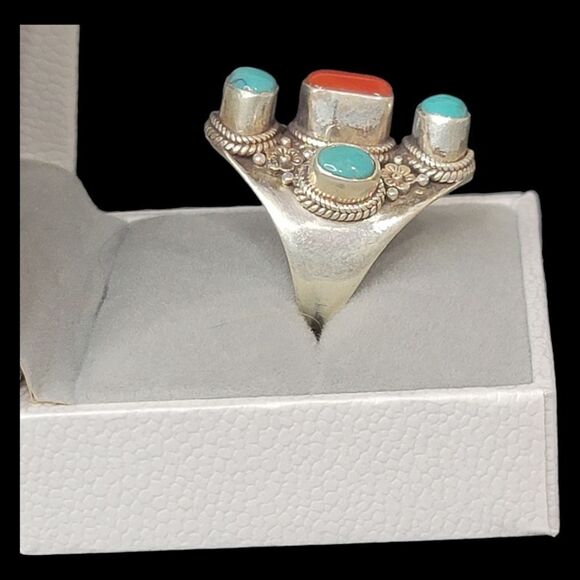 Heavy Native American Turquoise Coral Sterling Silver Ring 9 Adjustable 13.27g - Picture 3 of 11